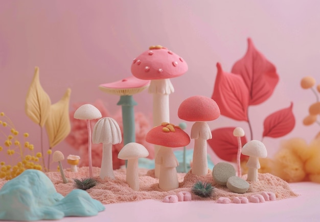 Colorful whimsical mushroom scene with pastel leaves and textures