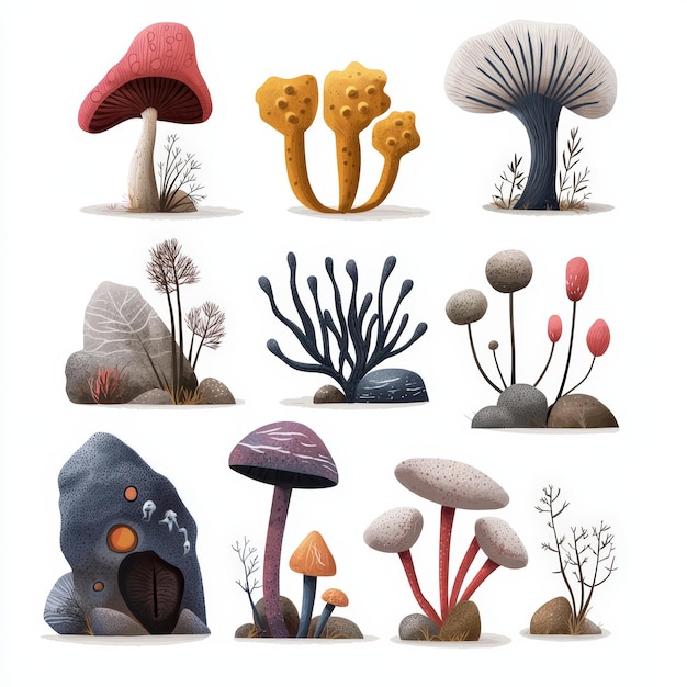 Photo colorful and whimsical mushrooms and fungi in a fantasy landscape showcasing unique shapes and textu