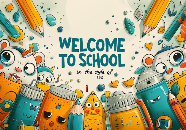 Colorful and whimsical welcome to school illustration featuring cute cartoon school supplies and