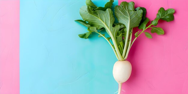 Photo colorful white radish with vibrant background and fresh green leaves concept food photography vibrant colors fresh produce white radish green leaves