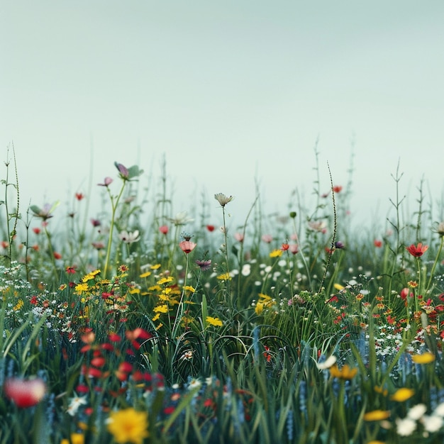 Colorful Wildflower Meadow Under Blue Sky Background