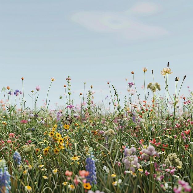 Colorful Wildflower Meadow Under Blue Sky Background