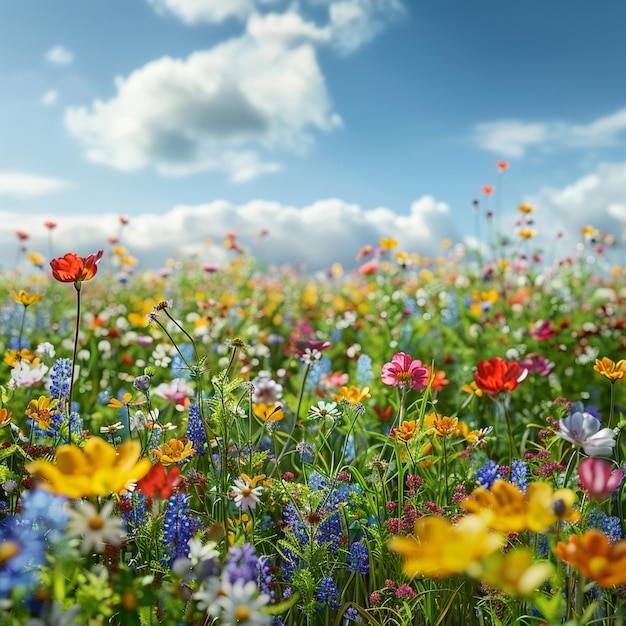 Colorful Wildflower Meadow Under Blue Sky Springtime Beauty