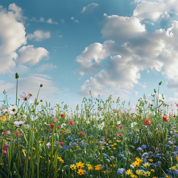 Colorful Wildflower Meadow Under Cloudy Sky Springtime Landscape Illustration