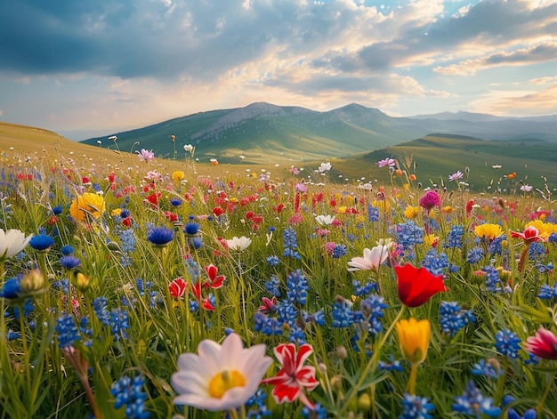 Colorful Wildflower Meadow in Front of Green Mountains