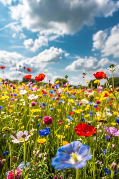 Photo colorful wildflower meadow with blue sky and a butterfly