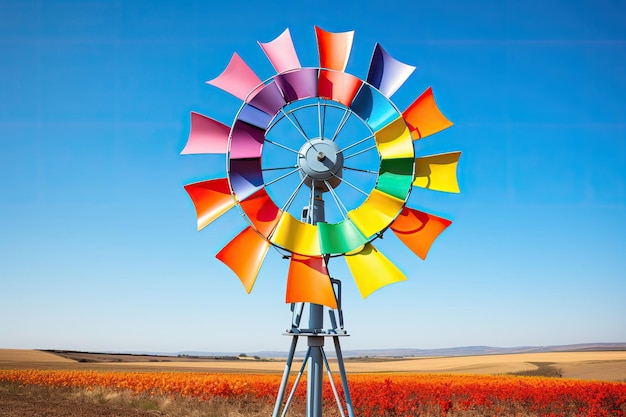 a colorful windmill in a field