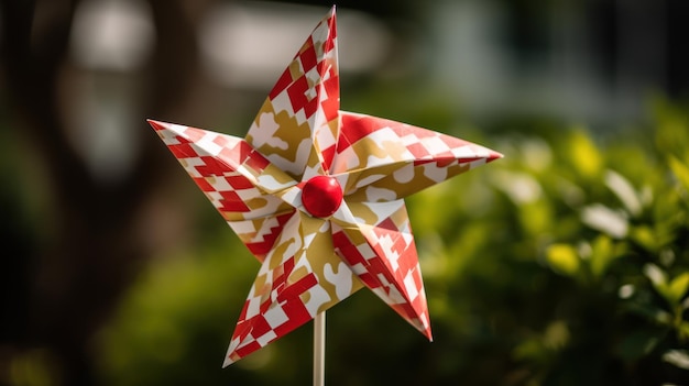 A colorful windmill with a red heart on it