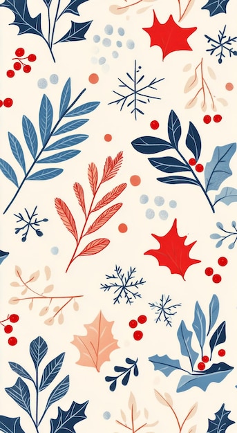 Photo colorful winter foliage pattern with red blue and cream tones featuring berries and leaves