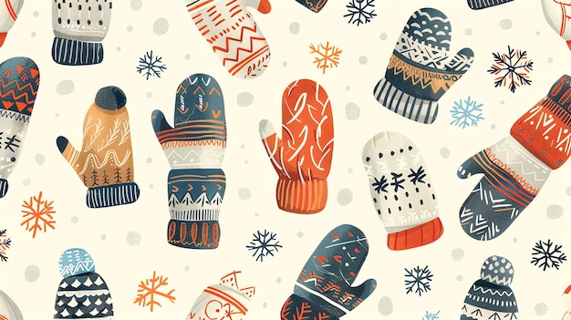 Photo colorful winter mittens and snowflakes on a seamless pattern