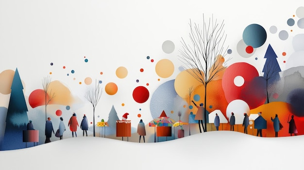 Colorful winter scene with abstract trees and figures enjoying a festive atmosphere perfect for holiday themes