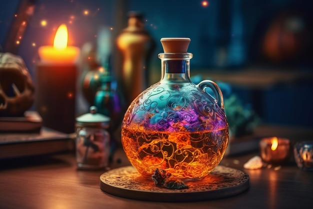 Colorful Witchcraft Poison Potion on Table Generative AI