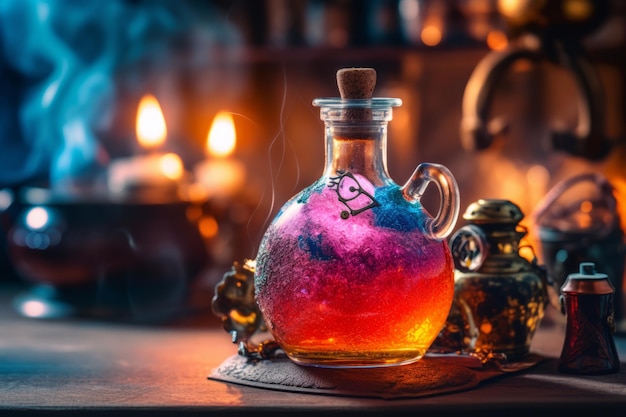 Colorful Witchcraft Poison Potion on Table Generative AI