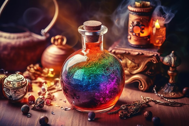 Colorful Witchcraft Poison Potion on Table Generative AI