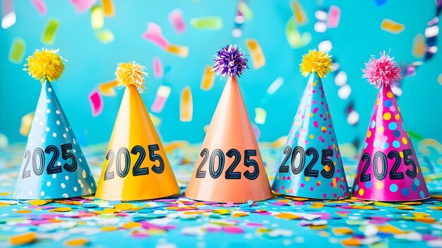 Photo colorful with 2025 numbers wearing party hats and confetti