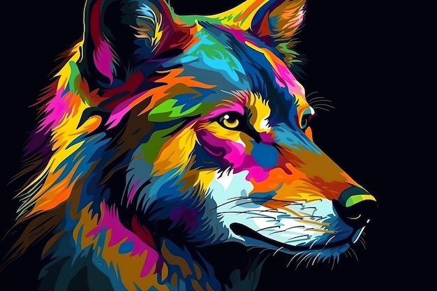 A colorful wolf on a black background generative ai image