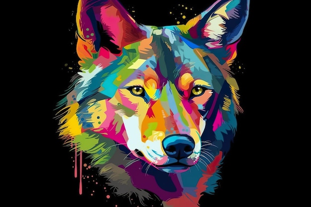 A colorful wolf is shown on a black background generative ai image