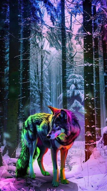 colorful wolf in a magical winter forest with snow