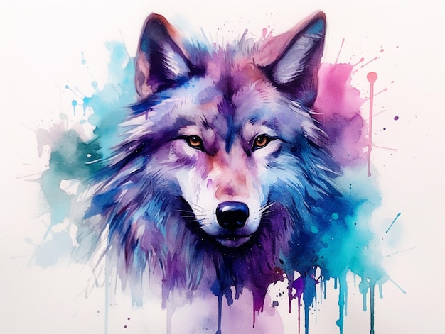 A colorful wolf painting with a wolf head.