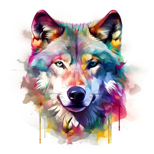 A colorful wolf with a black nose and a white face.