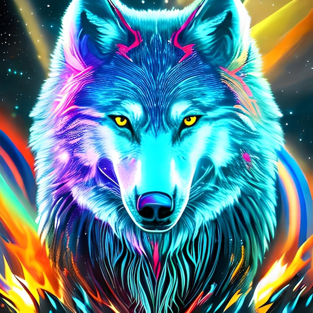 A colorful wolf with the blue eyes is surrounded by flames.