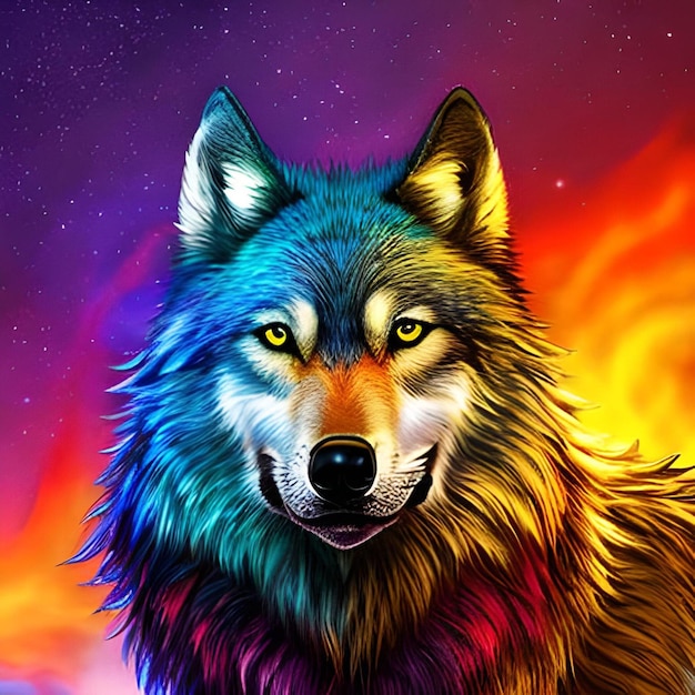 A colorful wolf with a blue face and yellow eyes.