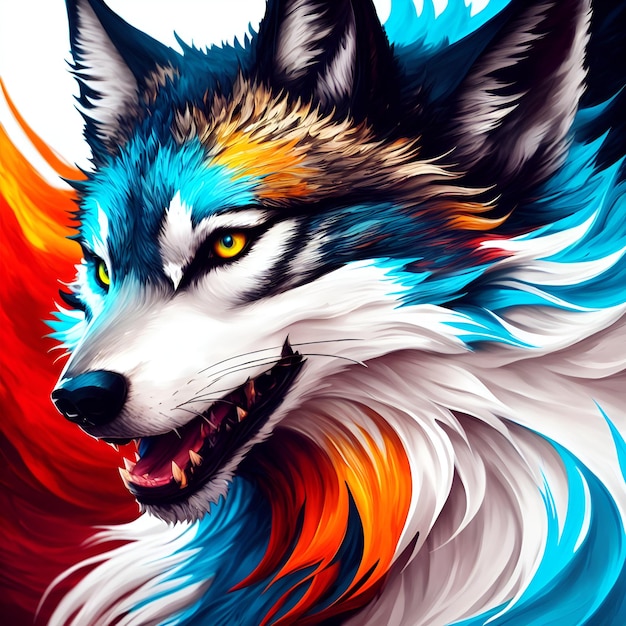 A colorful wolf with a blue and orange face and a red tail.