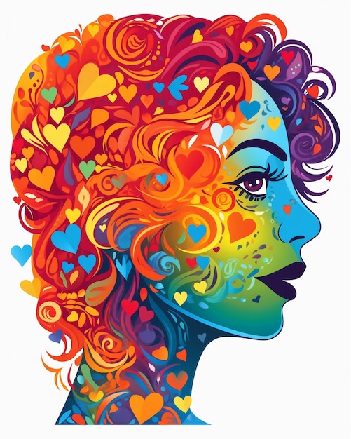 A colorful woman with a rainbow hair and a heart pattern on her face.