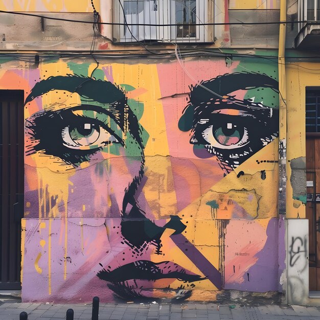 a colorful womans face art on street wall