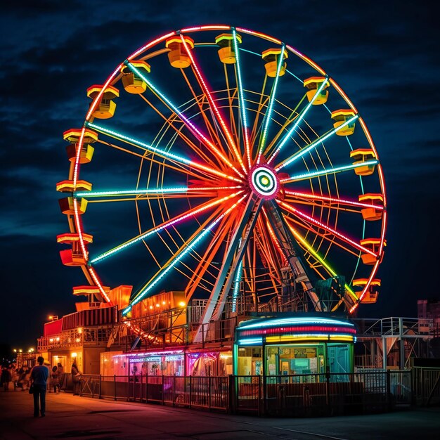 a colorful wonder wheel by night