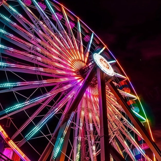 a colorful wonder wheel by night