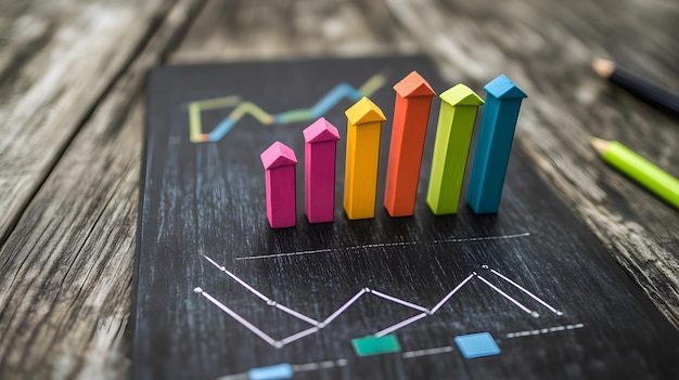 Photo colorful wooden arrows represent growth on a blackboard chart