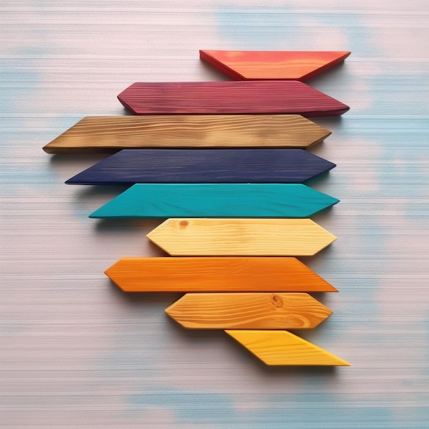 Colorful wooden arrows on a wooden background 3d illustration