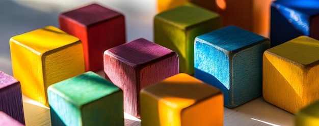 Photo colorful wooden blocks in sunlight playful learning concept