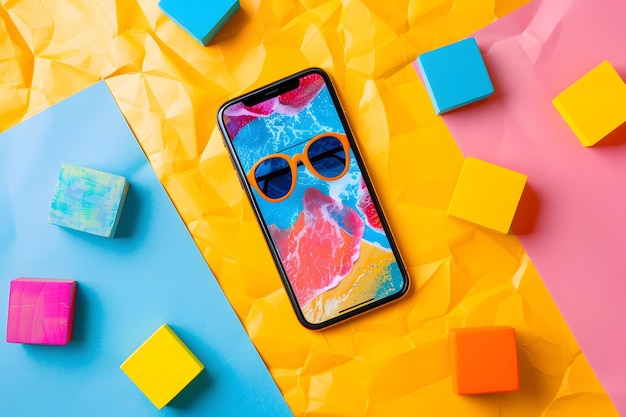 Photo colorful wooden blocks surrounding a smartphone with sunglasses on the screen