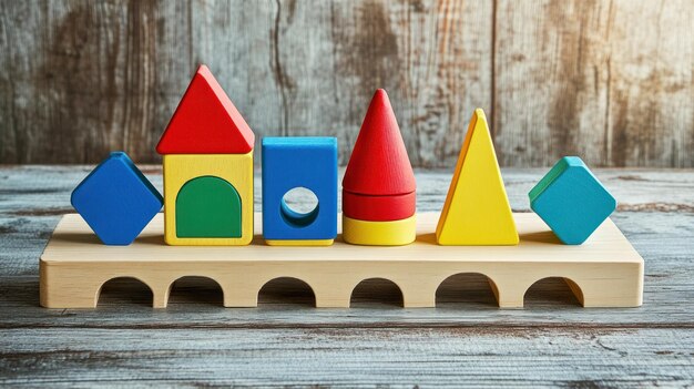 Photo colorful wooden blocks on a wooden platform