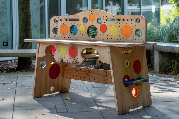 Colorful wooden cubby toy workbench for kids standing outside on a sunny day