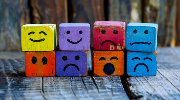 colorful wooden cubes with different happy and sad faces on them sitting next to each other