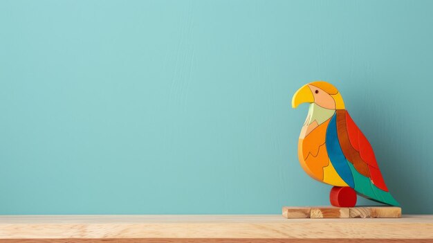 Photo a colorful wooden eagle toy sits on a wooden desk against a light blue wall