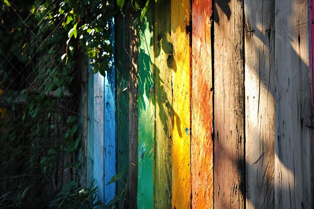 Colorful wooden fence in the garden Closeup shot