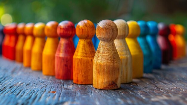 Colorful Wooden Figures in a Row