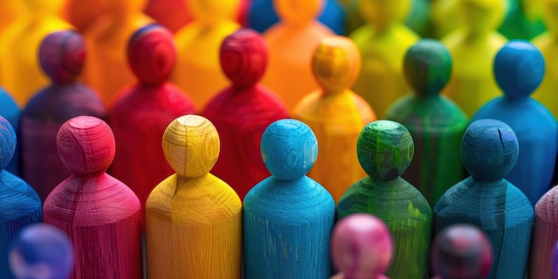 Colorful wooden figurines in a vibrant display representing diversity unity and inclusion