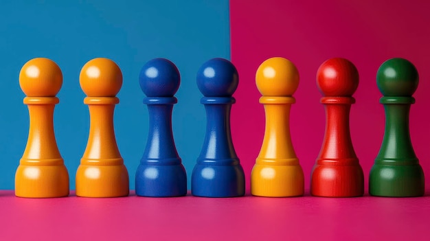 Colorful Wooden Game Pieces on a Pink and Blue Background