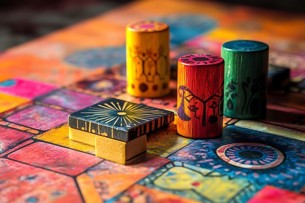 Photo colorful wooden game pieces on a vibrant game board