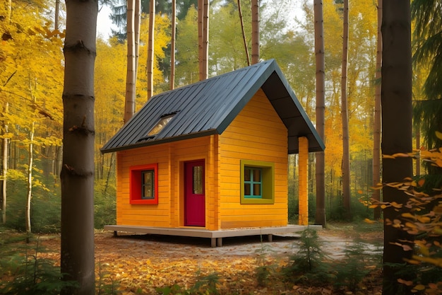 A colorful wooden house in a forest with a tree in the background