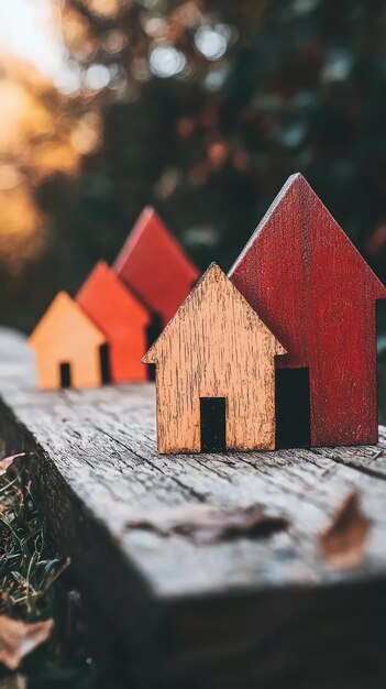 Photo colorful wooden houses on rustic wooden surface symbolizing housing market warm tones evoke sense of nostalgia and change in housing prices