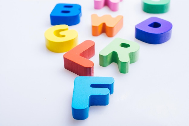 Colorful wooden letters on a white background