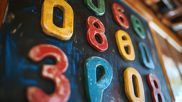 Photo colorful wooden numbers on a chalkboard