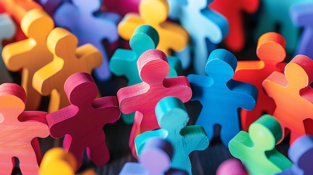 Colorful wooden people figures stand together in a group