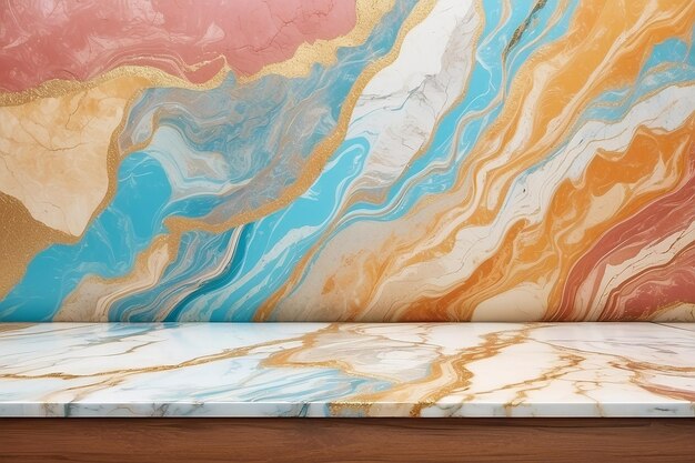 Colorful wooden platform background marble wall